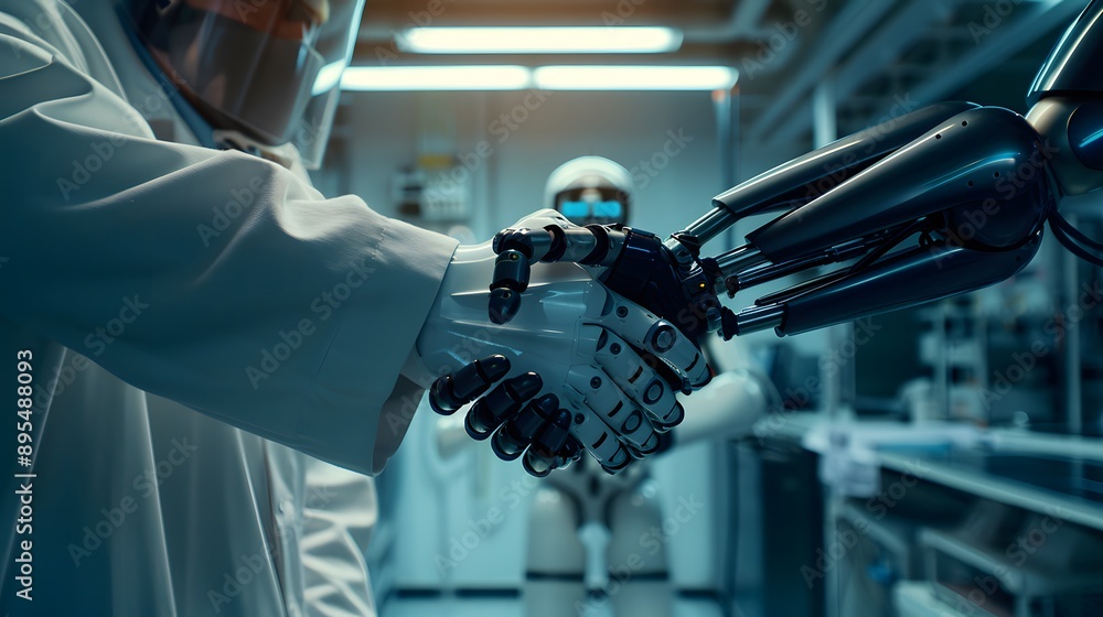 Aufkleber robot and scientist handshake.