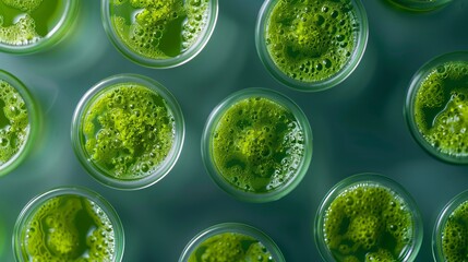 Flat lay of algae samples in petri dishes for biotechnology and biofuel research, top view of laboratory setup with microalgae and macroalgae specimens for scientific study and renewable energy develo