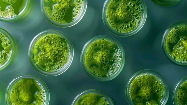 Flat lay of algae samples in petri dishes for biotechnology and biofuel research, top view of laboratory setup with microalgae and macroalgae specimens for scientific study and renewable energy develo