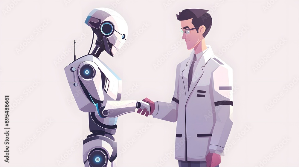 Poster robot handshake with scientist.