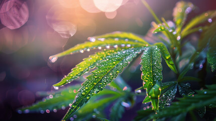 Cannabis leaves shimmering in the early morning light, dew drops adding a touch of sparkle