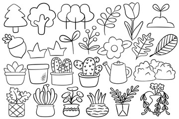 Hand drawn outline vector illustration Doodle set of plants, flowers, leaves, trees, garden.