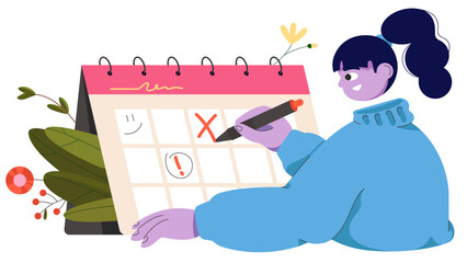 Girl marks a cross with a pen on the spring calendar