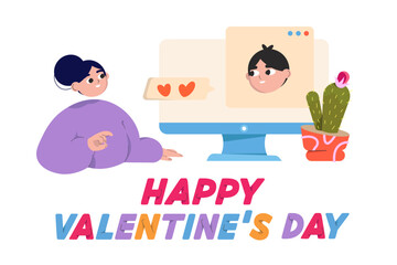 Happy Valentine's Day text under a girl talking to a guy on a video call