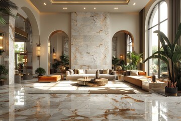 A spacious, luxurious living room with marble floors and elegant furniture, highlighted by large windows, modern decor, and lush indoor plants. Airy and inviting ambiance.