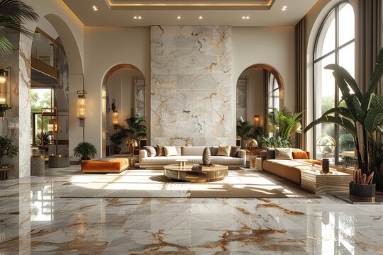 A spacious, luxurious living room with marble floors and elegant furniture, highlighted by large windows, modern decor, and lush indoor plants. Airy and inviting ambiance.