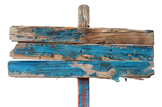 Weathered blue wooden signpost, cut out