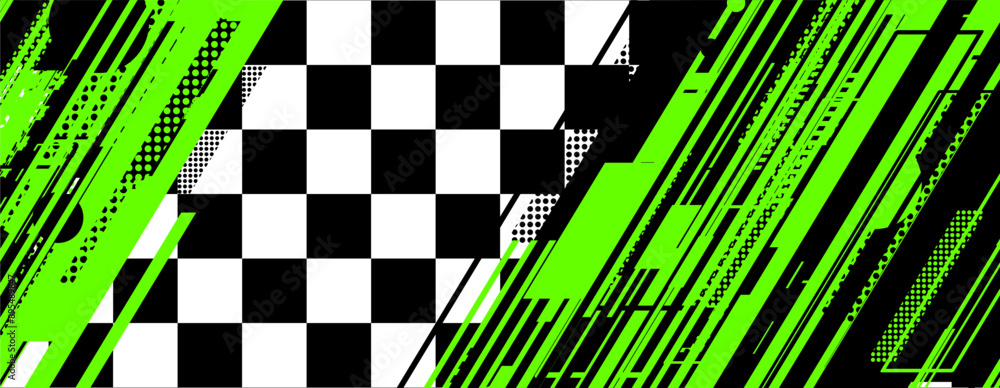 Poster abstract green racing background with checkboard and lines