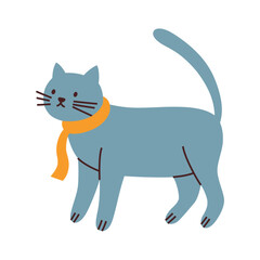 Blue cat with yellow scarf vector illustration. Stylish cartoon pet with blue fur, for animal lovers, pet shops, veterinarians. Cute and trendy flat design, Russian blue or british shorthair kitten