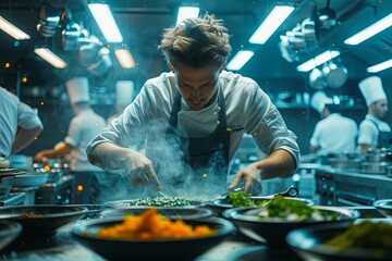 Chef Focused on Preparing a Dish in a Busy Restaurant Kitchen. Generative AI