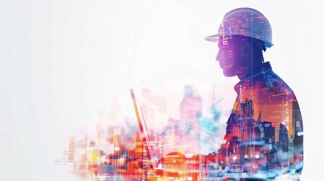 Silhouette of an engineer with a construction site overlay, symbolizing technology and urban development.