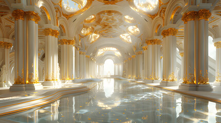 Luxury 3d background of Decorate interior of castle building. Realistic clipart template pattern. Minimal style interior white room modern white, white marble floor in sheets. Sunlight shines.