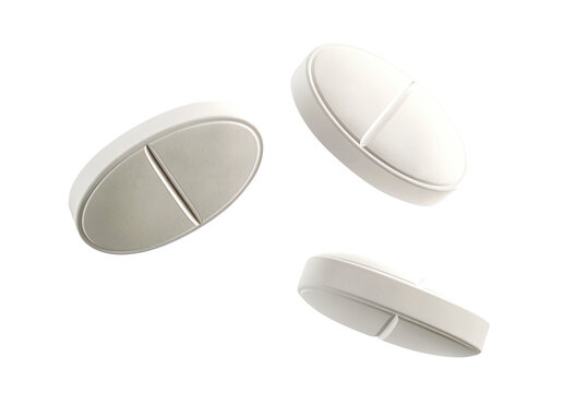 Three white pills floating in the air, cut out