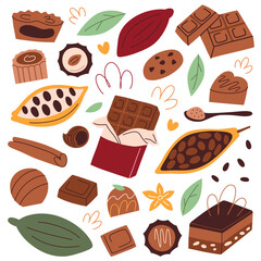 Vector illustration set of chocolate treats, candies, cakes, bars, cocoa beans. Flat, cartoon style, perfect for dessert and sweet themes. Delicious chocolate collection, isolated colored clipart