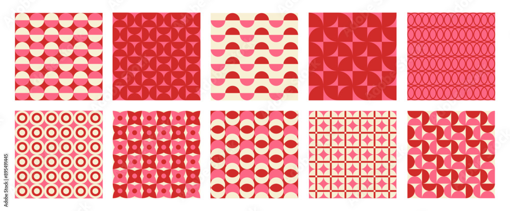 Leinwandbilder Trendy retro set geometric seamless patterns with colorful semicircles and circles. Modern abstract background. Red, beige and pink colors. Vector illustration