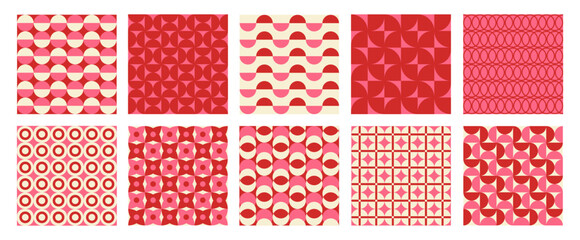 Trendy retro set geometric seamless patterns with colorful semicircles and circles. Modern abstract background. Red, beige and pink colors. Vector illustration