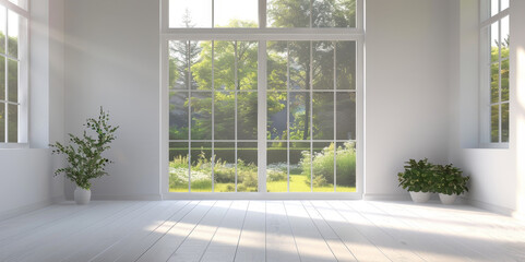 Fototapeta premium A spacious room with white walls and large windows overlooking a lush green garden. Sunlight streams in through the windows, illuminating the white wooden floor and creating a sense of tranquility and