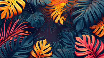 Pattern vector neon tropical leaves of palm, monstera, fern. Orange, purple and green plants on a blue background.
