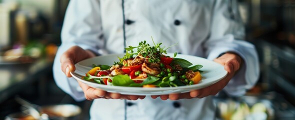 Obraz premium Chef Presents Delicious Salad with Grilled Shrimp, Tomatoes, and Fresh Greens Culinary Arts and Service