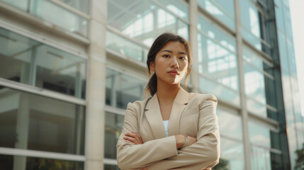 Fototapeta premium Confident woman in a beige suit, arms crossed, standing in front of a modern building