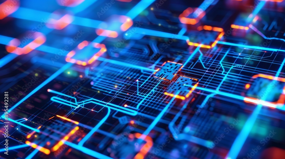 Poster an abstract representation of a digital network with glowing blue and orange lines, symbolizing data