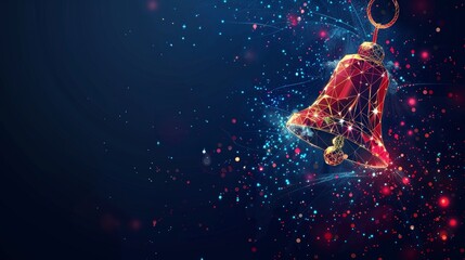 Obraz premium A red bell with gold accents hangs against a dark blue background, surrounded by twinkling lights symbolizing celebration, joy, Christmas, new beginnings, and hope.