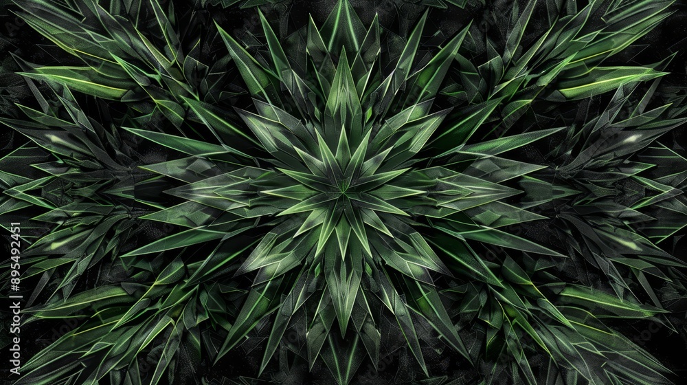 Poster a symmetrical abstract pattern with sharp green shapes forming a central star, symbolizing growth, s