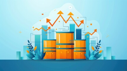 Crude oil barrels, rising costs illustrated by upward arrows