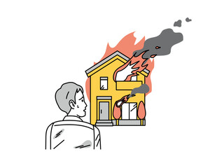 火事で家が燃えて呆然とする男性のイラスト © SENRYU