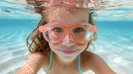 Fototapeta premium Underwater portrait of a young girl wearing orange goggles in a clear pool. Whimsical and vibrant scene with a playful aesthetic.