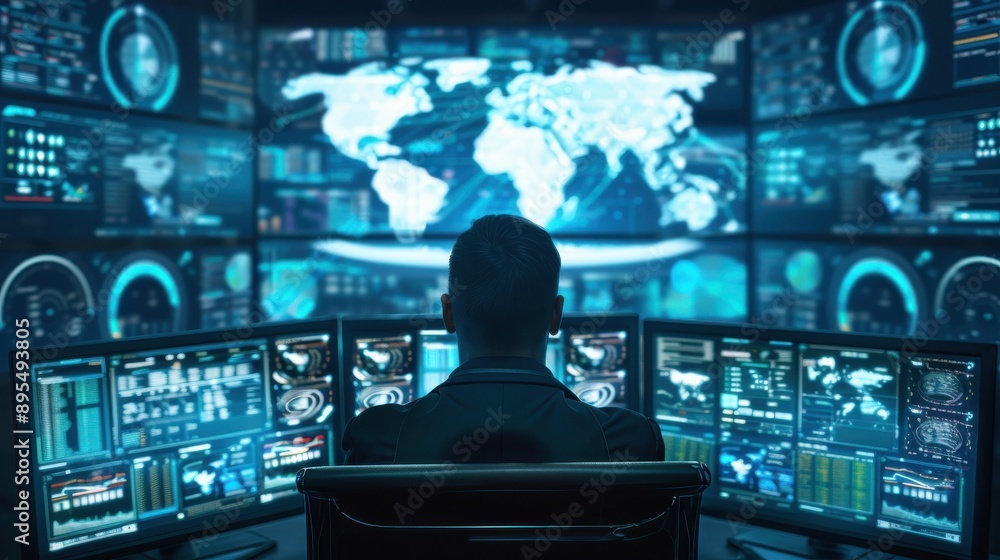 Poster cybercriminal with multiple screens showing hacked data, lawbreaking, data theft and cyber security