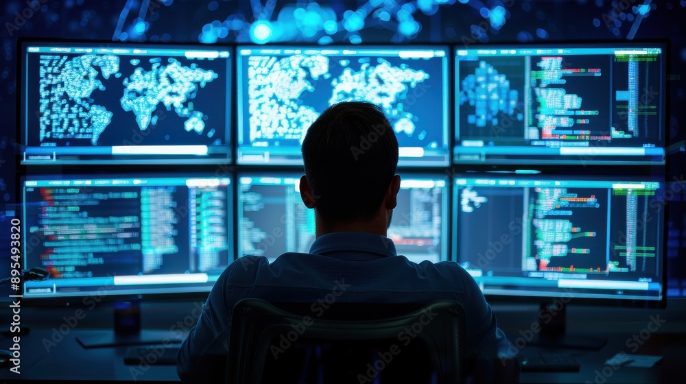 Poster cybercriminal with multiple screens showing hacked data, lawbreaking, data theft and cyber security