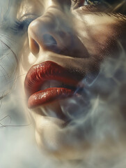 Naklejka premium Close-up of a woman's face with red lips surrounded by ethereal smoke. Artistic and dramatic portrait capturing beauty and mystery