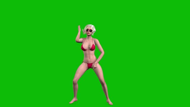 3D female character, woman with blond hair and wet skin, wearing red bikini swimming wear and sunglasses, dancing baam style on green screen, 3D animation, front view.