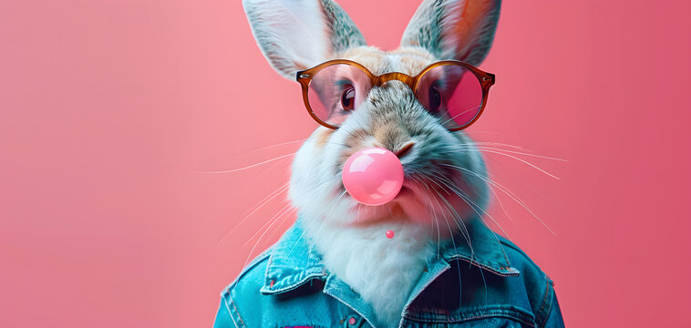 A stylish bunny in a denim shirt and sunglasses blowing a pink bubble gum bubble