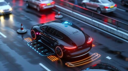 A black self-driving car navigates a city street at night, showcasing advanced technology, safety features, and the future of transportation.