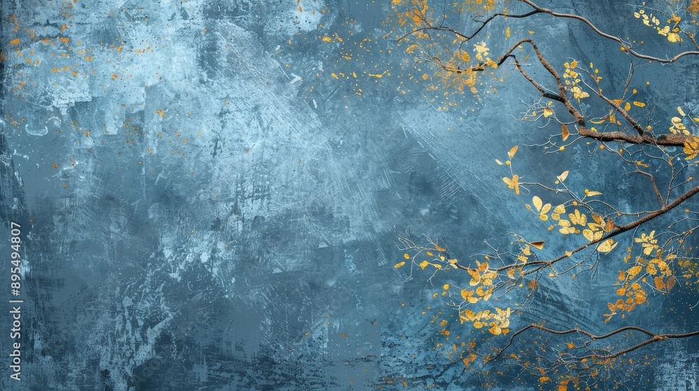 Poster an abstract background featuring a blue textured surface with a branch and leaves in a golden hue. t
