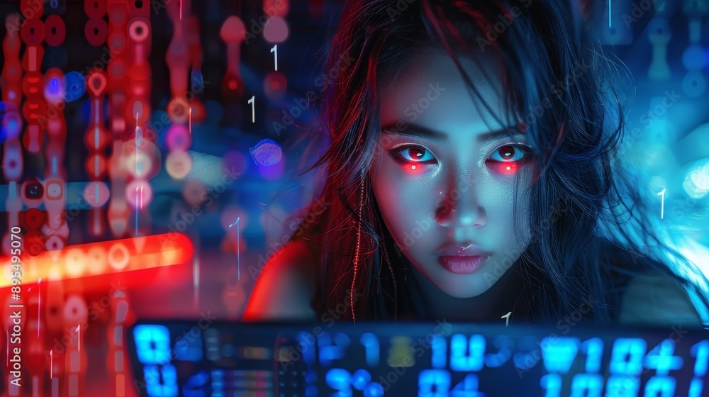 Poster a cyberpunk woman hacker with red eyes glowing in front of computer screen, surrounded by futuristic