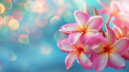Naklejka premium A cluster of pink frangipani flowers with water droplets, set against a soft, blurred background of bokeh circles, symbolizing beauty, tranquility, nature, freshness, and summer.