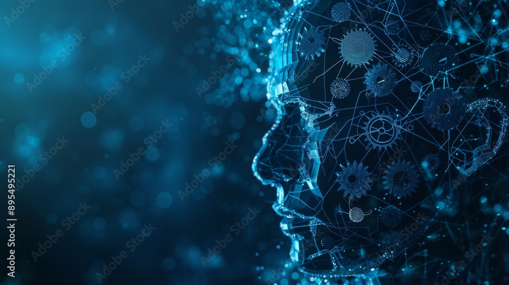 Poster the image depicts a human head constructed from digital lines and gears, symbolizing the merging of 