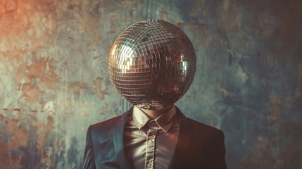 A man with a disco ball head stands against a textured background, symbolizing the fusion of modern and retro, individuality, mystery, and the allure of the disco era.