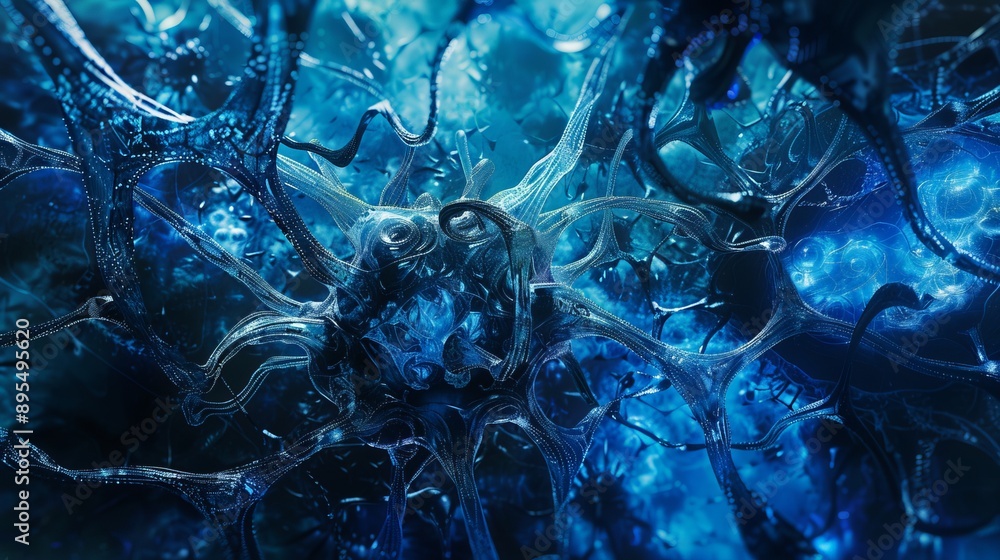 Poster biological neural network in abstract design: blue and black futuristic composition illustrating com