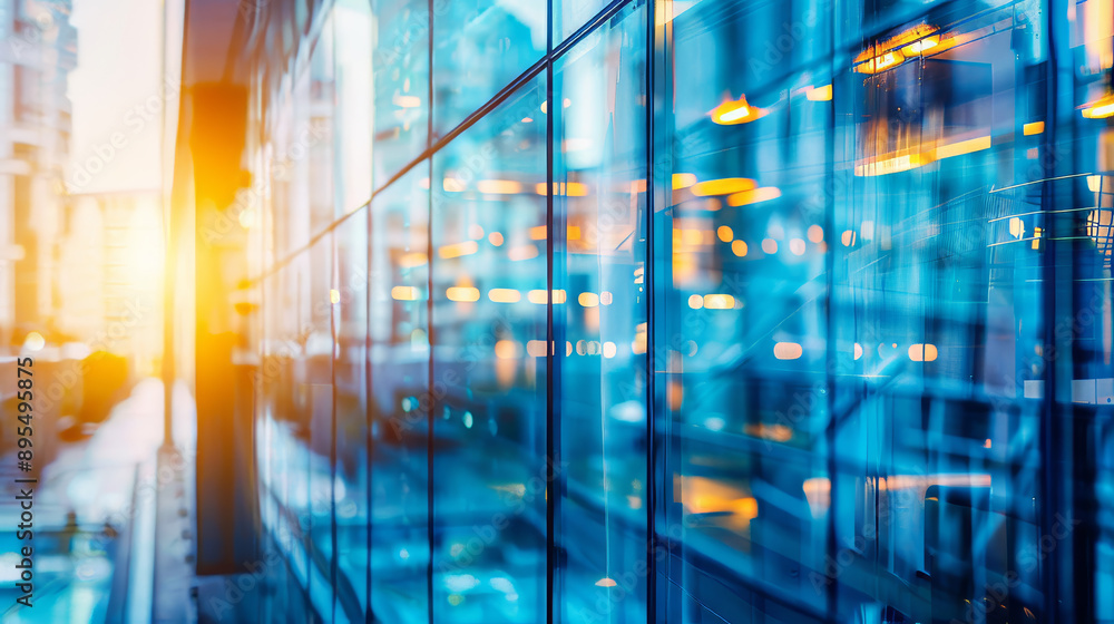 Poster blue glass windows in a modern building with a blurred background create an abstract effect.