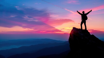 Silhouette of a Hiker Reaching the Summit at Sunset