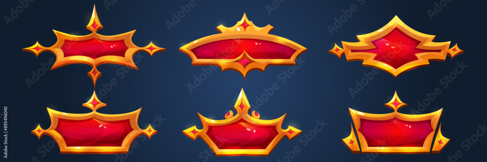 Poster gold medieval ui button frame for fantasy rpg game. metal title border element. red horizontal royal