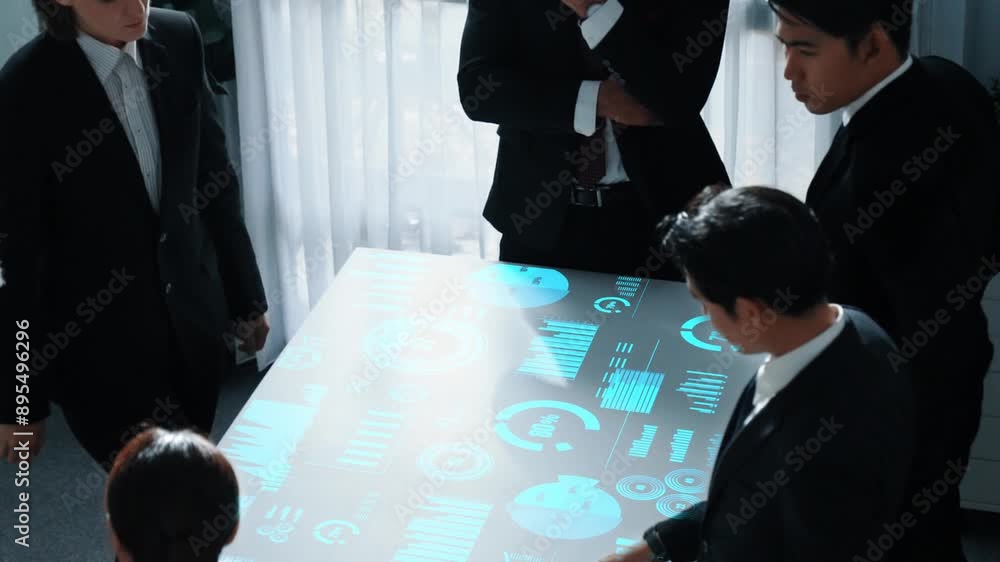 Poster top view of business people group discussing and brainstorming about marketing strategy with hologra