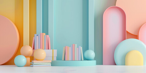 Fototapeta premium abstrakter Fotohintergrund mit Kinderbuch und fantasievollen und verspielten Elementen, fröhliche und farbenfrohe Töne, minimalistischer Stil, sanfte Farbverläufe