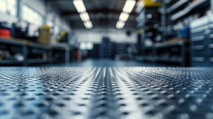 Empty metal surface with a backdrop of blurred automotive tools and parts, suitable for auto product advertisements.