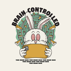 retro cartoon emblem of rabbit hypnotized by gadget