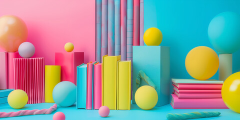 abstrakter Fotohintergrund mit Kinderbuch und fantasievollen und verspielten Elementen, fröhliche und farbenfrohe Töne, minimalistischer Stil, sanfte Farbverläufe